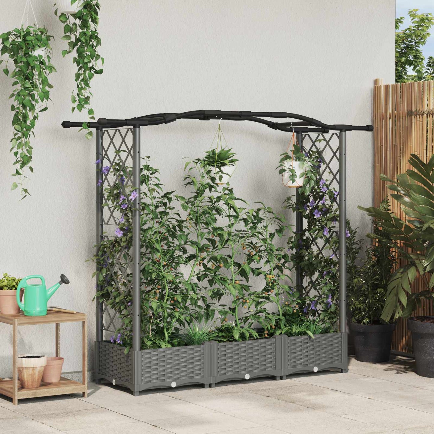 vidaXL Ανυψωμένο Κρεβάτι με Πέργκολα και Οροφή Ανοιχτό γκρι PP