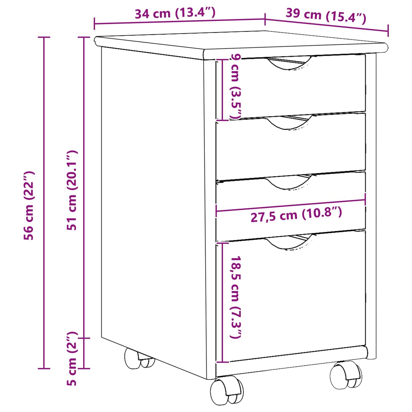 vidaXL Κινητό Ντουλάπι με τροχούς Καφέ 34 x 39 x 56 εκ Στερεό πεύκο