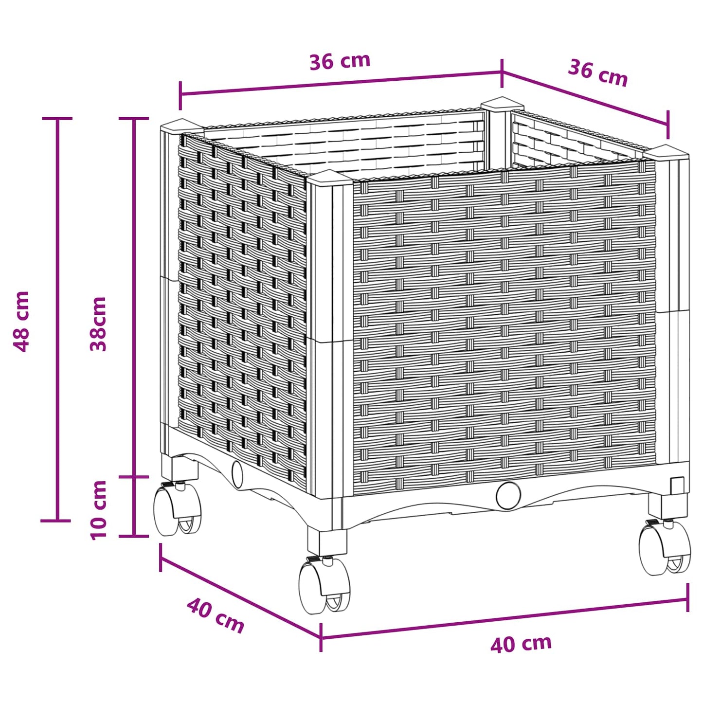 vidaXL Κήπος Γλαστράκι με Ροδάκια Μαύρο 40 x 40 x 44 εκ PP