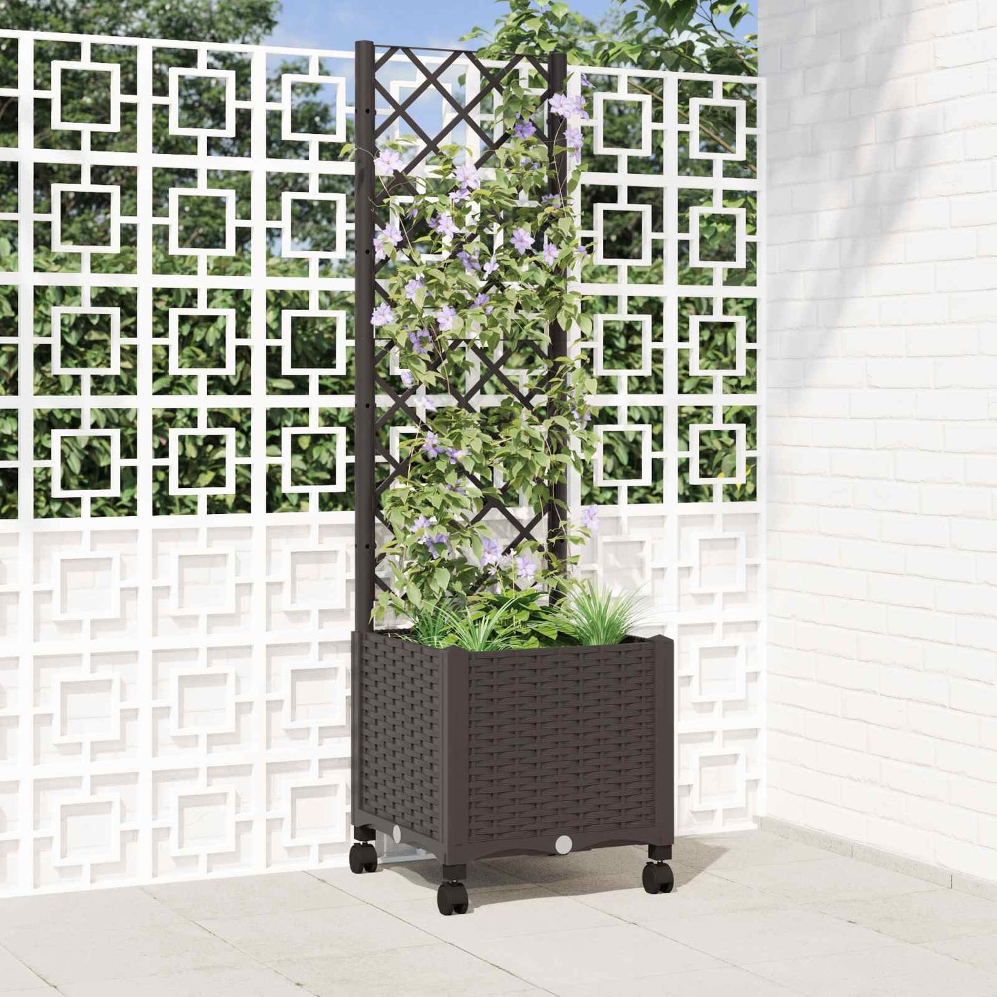 vidaXL Γλάστρα κήπου με πέργκολα & τροχούς Καφέ 40 x 40 x 146 εκ PP