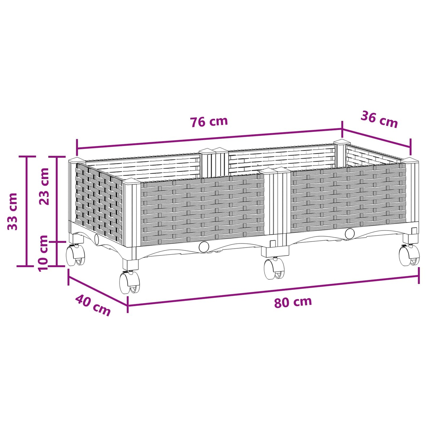 vidaXL Κήπος Γλαστράκι με Ροδάκια Μαύρο 80 x 40 x 29 εκ PP