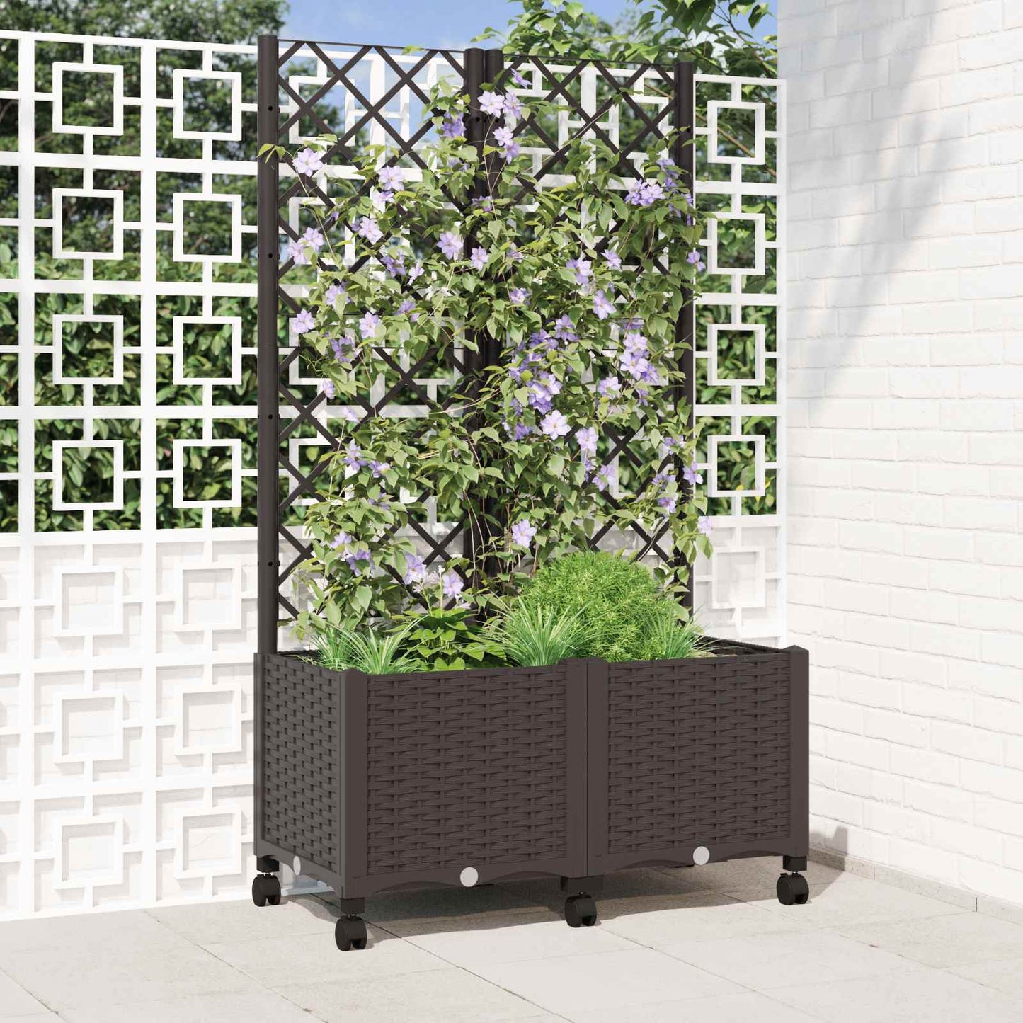 vidaXL Γλάστρα κήπου με πέργκολα & τροχούς Καφέ 80 x 40 x 146 εκ PP