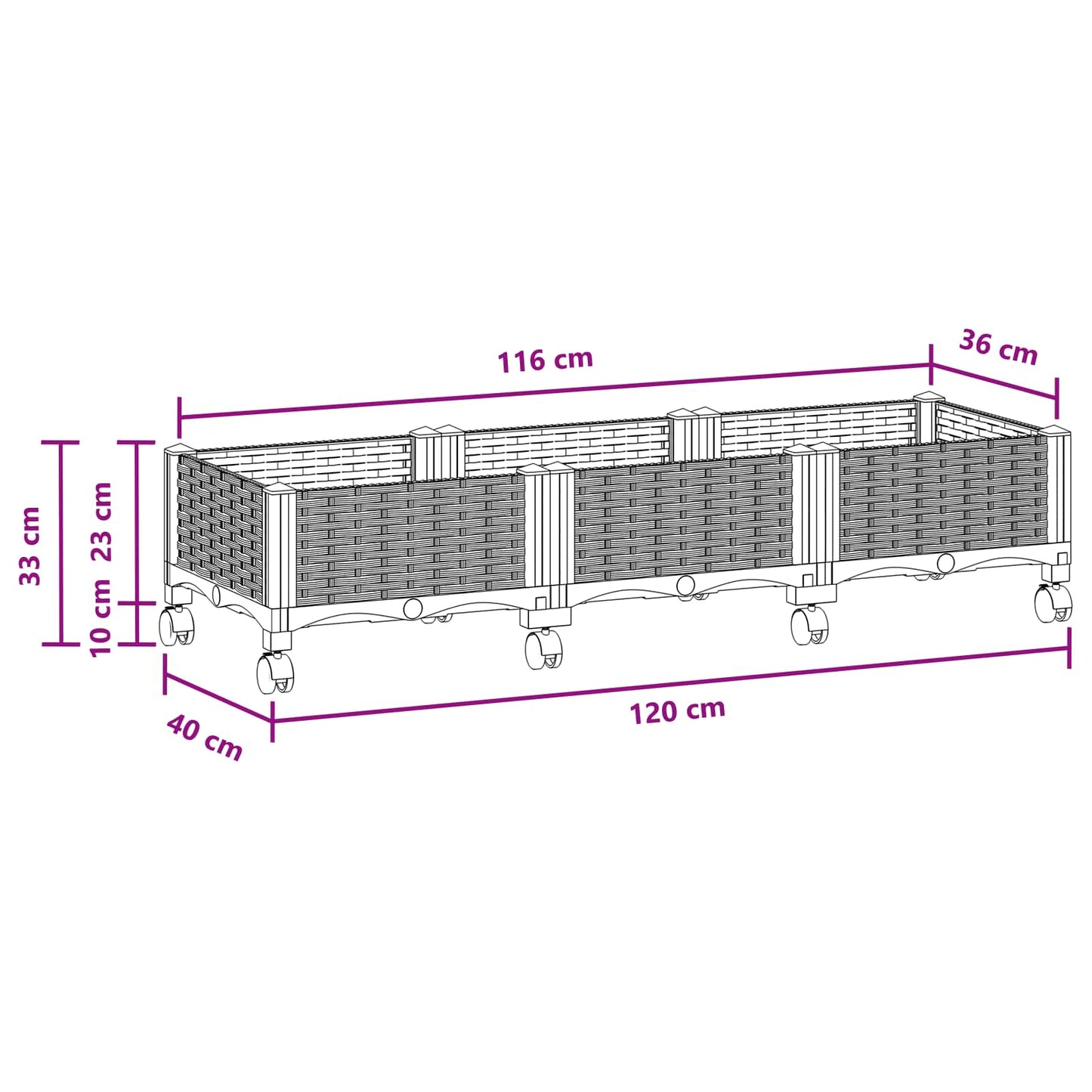 vidaXL Κήπος Γλαστράκι με Ροδάκια Καφέ 120 x 40 x 29 εκ PP