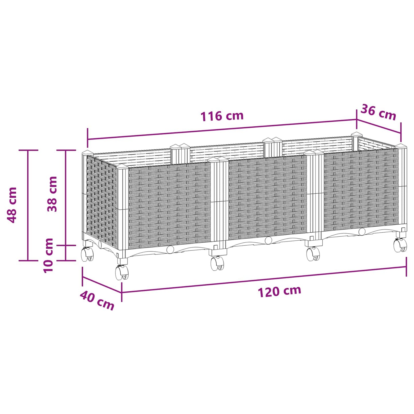 vidaXL Κήπος Γλαστράκι με Ροδάκια Ανοιχτό γκρι 120 x 40 x 48 cm PP