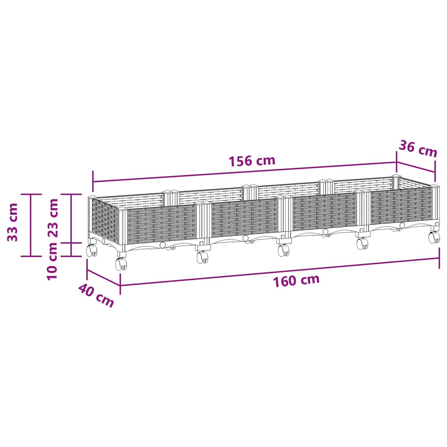 vidaXL Κήπος Γλαστράκι με Ροδάκια Λευκό 160 x 40 x 33 cm PP
