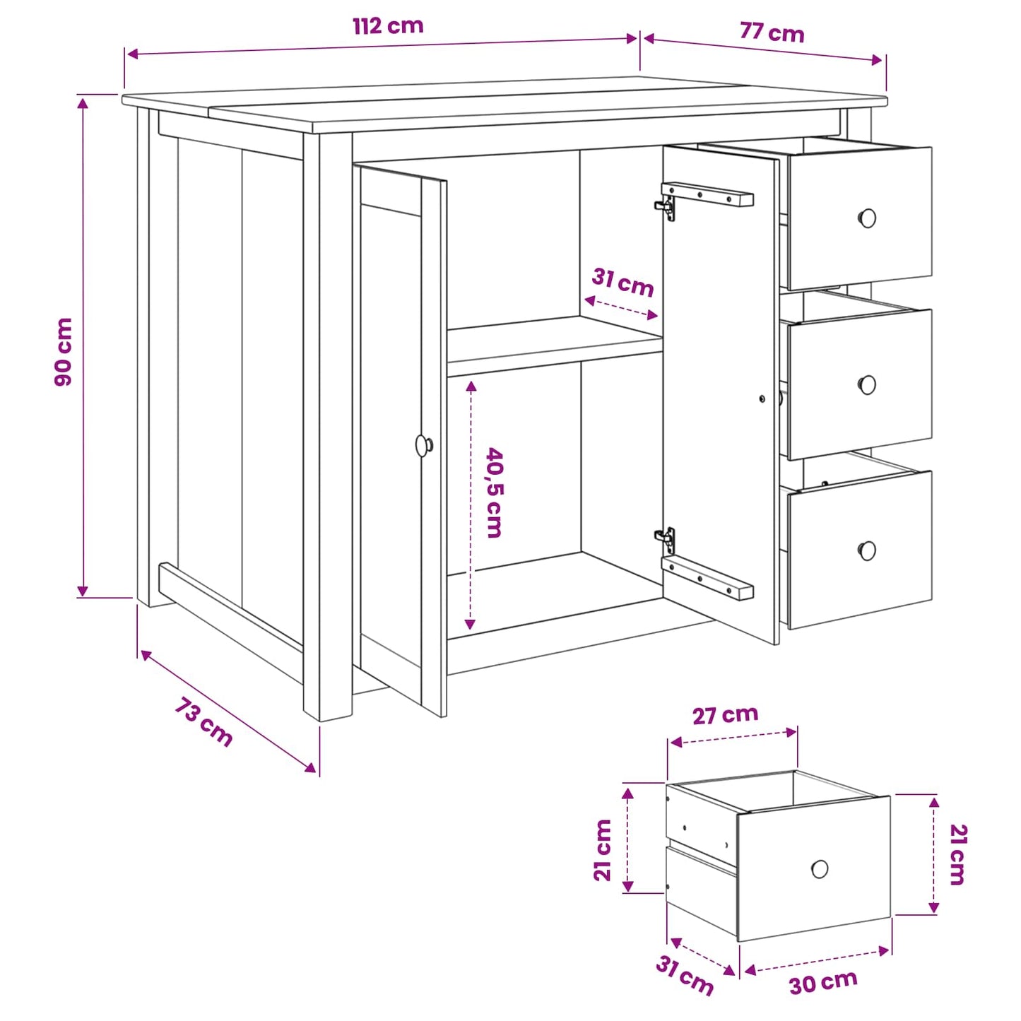 vidaXL Καρότσι Κουζίνας PANAMA 2 pcs Κερί Μέλι 112 x 77 x 90 εκ