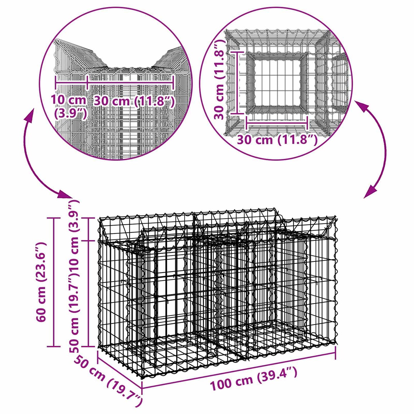 vidaXL Ανασηκωμένο κρεβάτι gabion Ασημί 100 x 50 x 60 εκ
