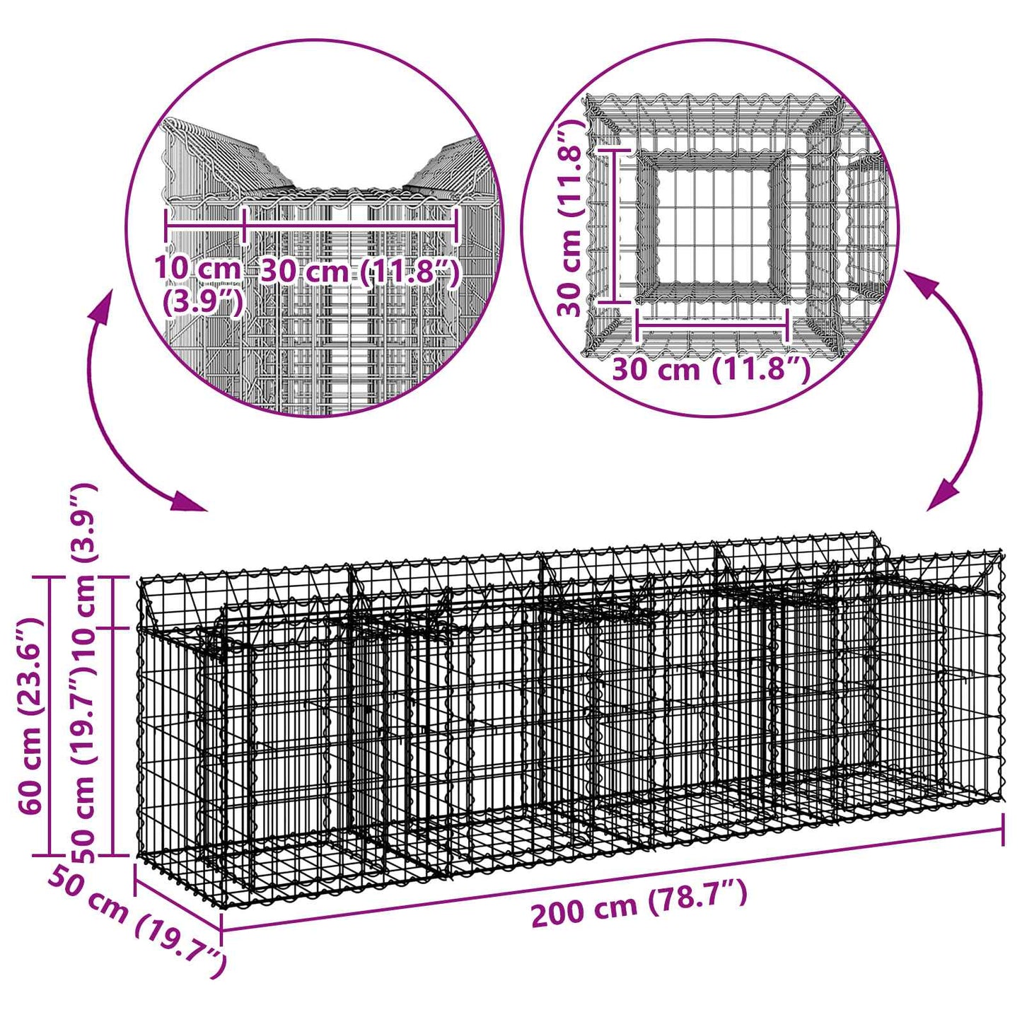 vidaXL Ανασηκωμένο κρεβάτι gabion Ασημί 200 x 50 x 60 cm