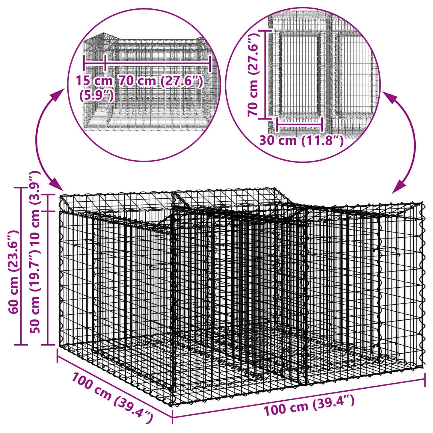 vidaXL Ανασηκωμένο κρεβάτι gabion Ασημί 100 x 100 x 60 εκ.