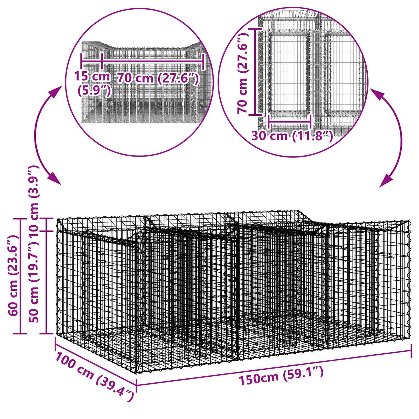 vidaXL Ανασηκωμένο κρεβάτι gabion Ασημί 150 x 100 x 60 εκ