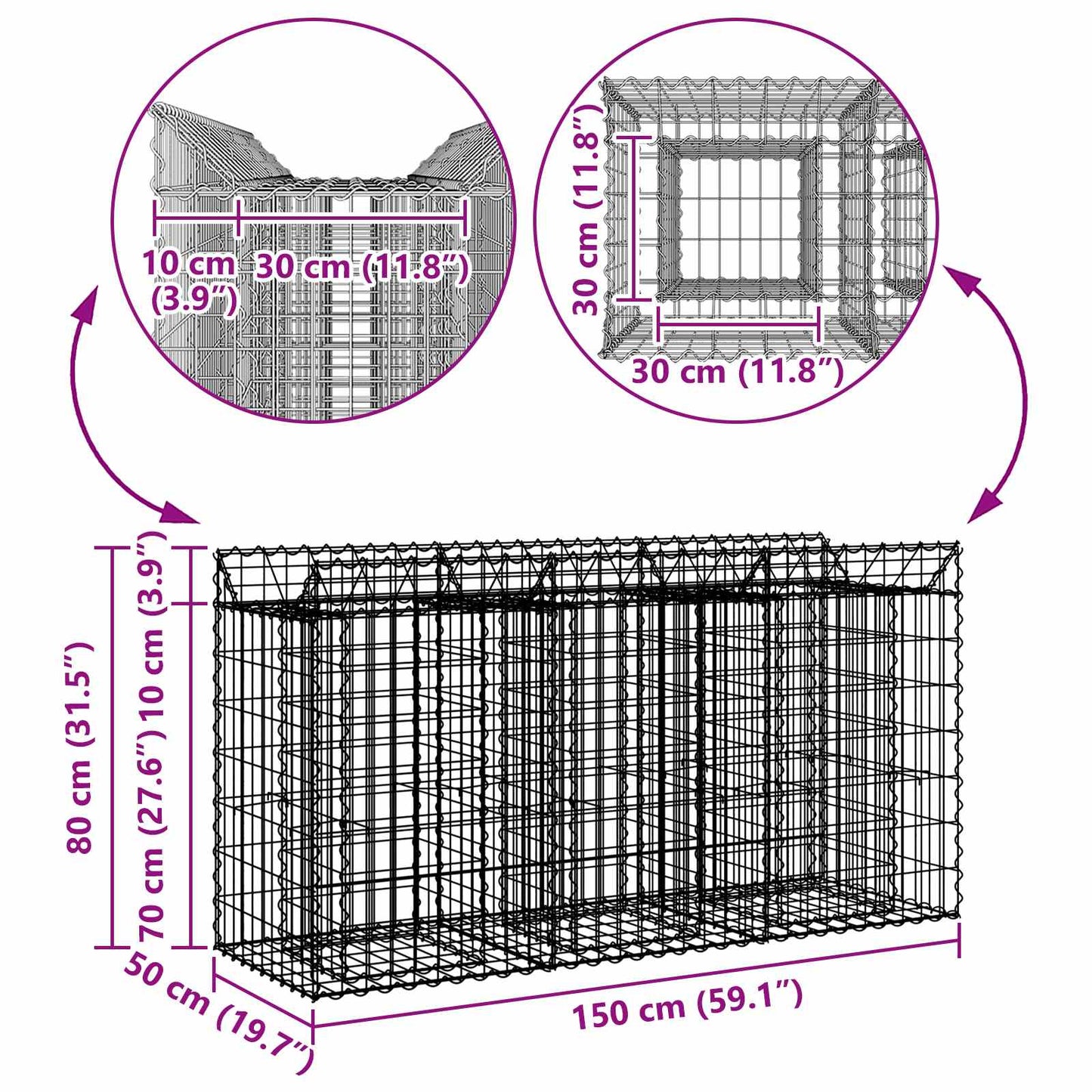 vidaXL Ανασηκωμένο κρεβάτι gabion Ασημί 150 x 50 x 80 εκ