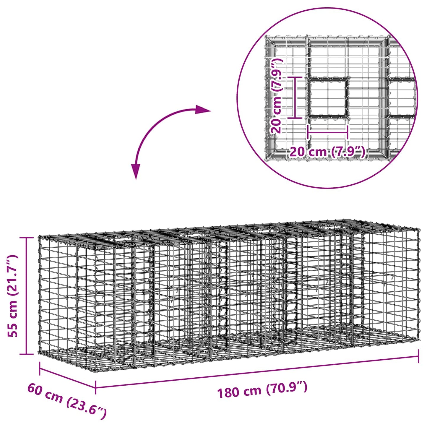 vidaXL Ανασηκωμένο κρεβάτι gabion Ασημί 180 x 60 x 55 εκ