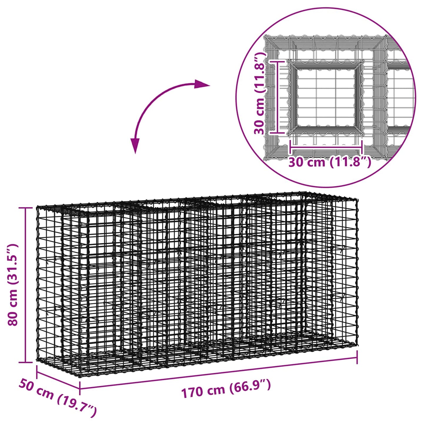 vidaXL Ανασηκωμένο κρεβάτι gabion Ασημί 170 x 50 x 80 εκ