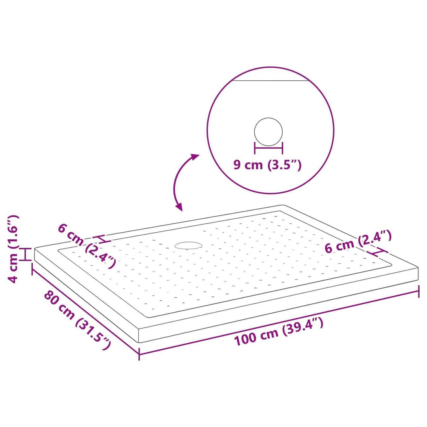 vidaXL Δίσκος Βάσης Ντους με Τρύπες 100 x 80 x 4 εκ ABS Μαύρο
