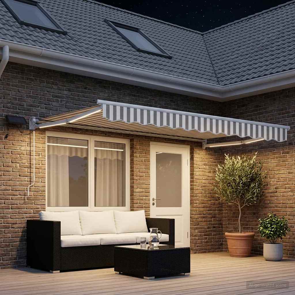 vidaXL Χειροκίνητη αναδιπλούμενη τέντα με LED Ανοιχτό Γκρι και Λευκό