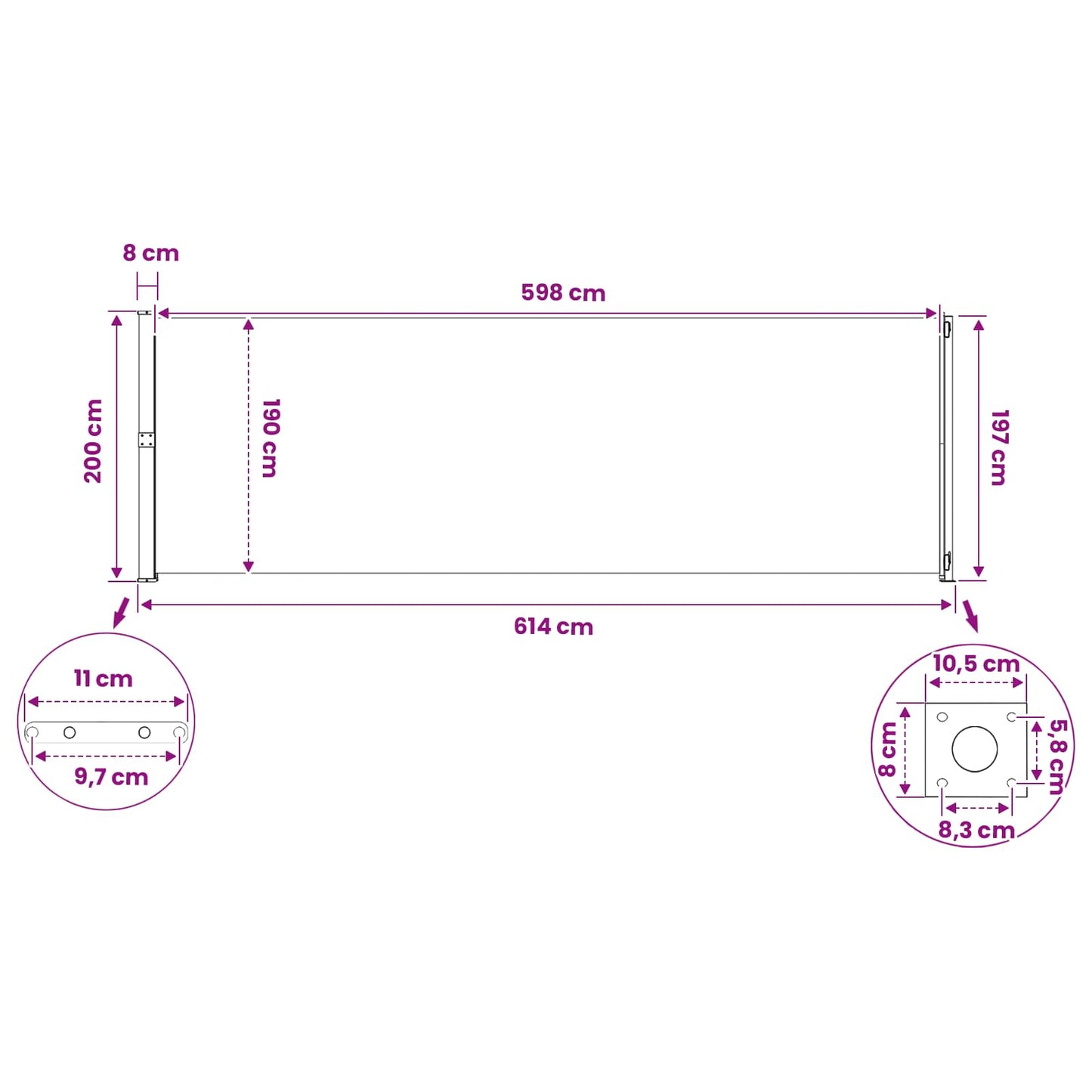 vidaXL Ανακλινόμενος Πλευρικός Απλώστρα 200 x 600 cm Πολυεστέρας