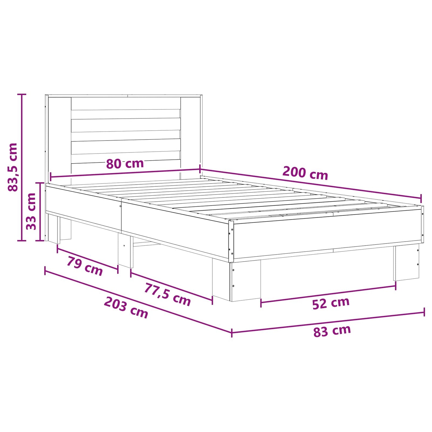 vidaXL Κρεβάτι με Κεφαλάρι Μαύρη Δρυς 80 x 200 cm Επεξεργασμένο Ξύλο