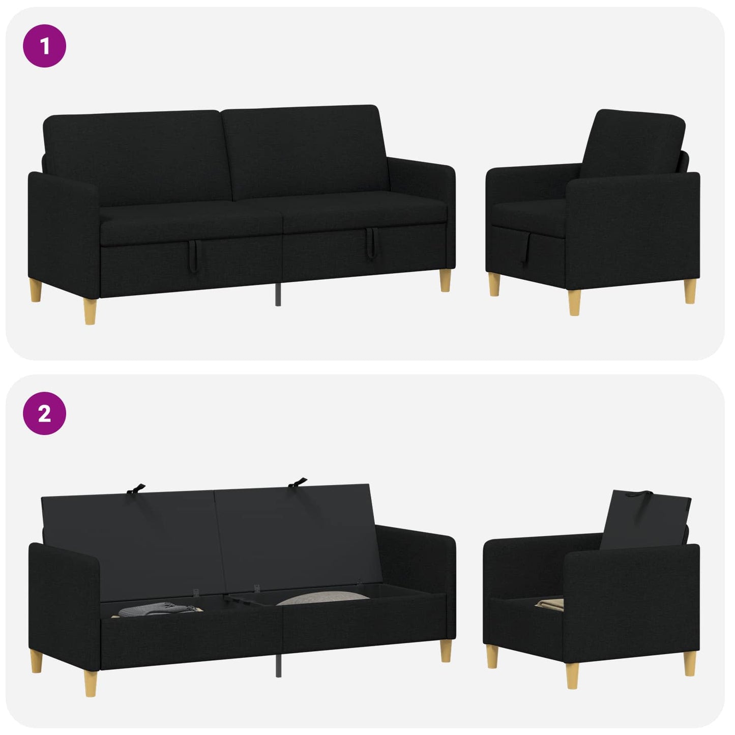 vidaXL Σαλονάκι Σετ Με Αποθηκευτικό Χώρο 2 pcs Μαύρο Πολυεστέρας