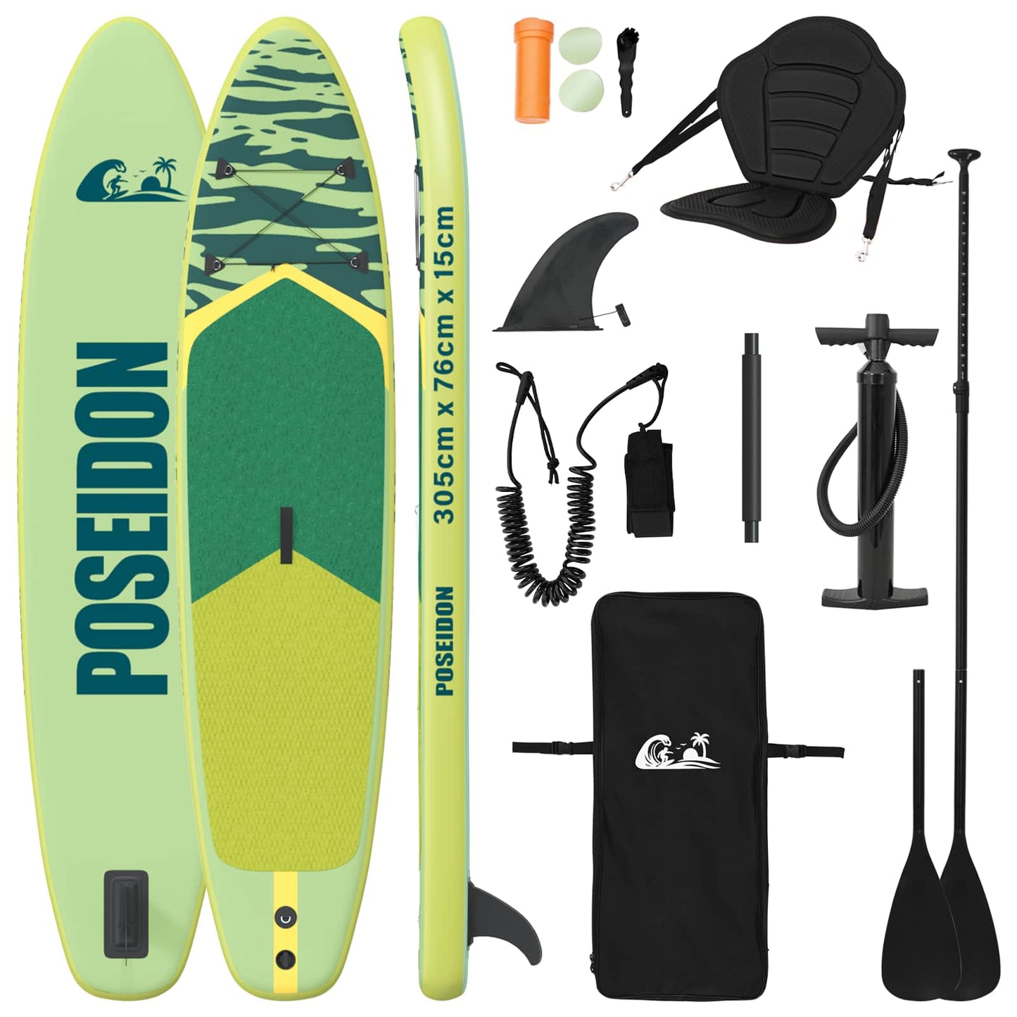 vidaXL SUP Board με κάθισμα 2 σε 1 POSEIDON 305 x 76 x 15 cm Πράσινο