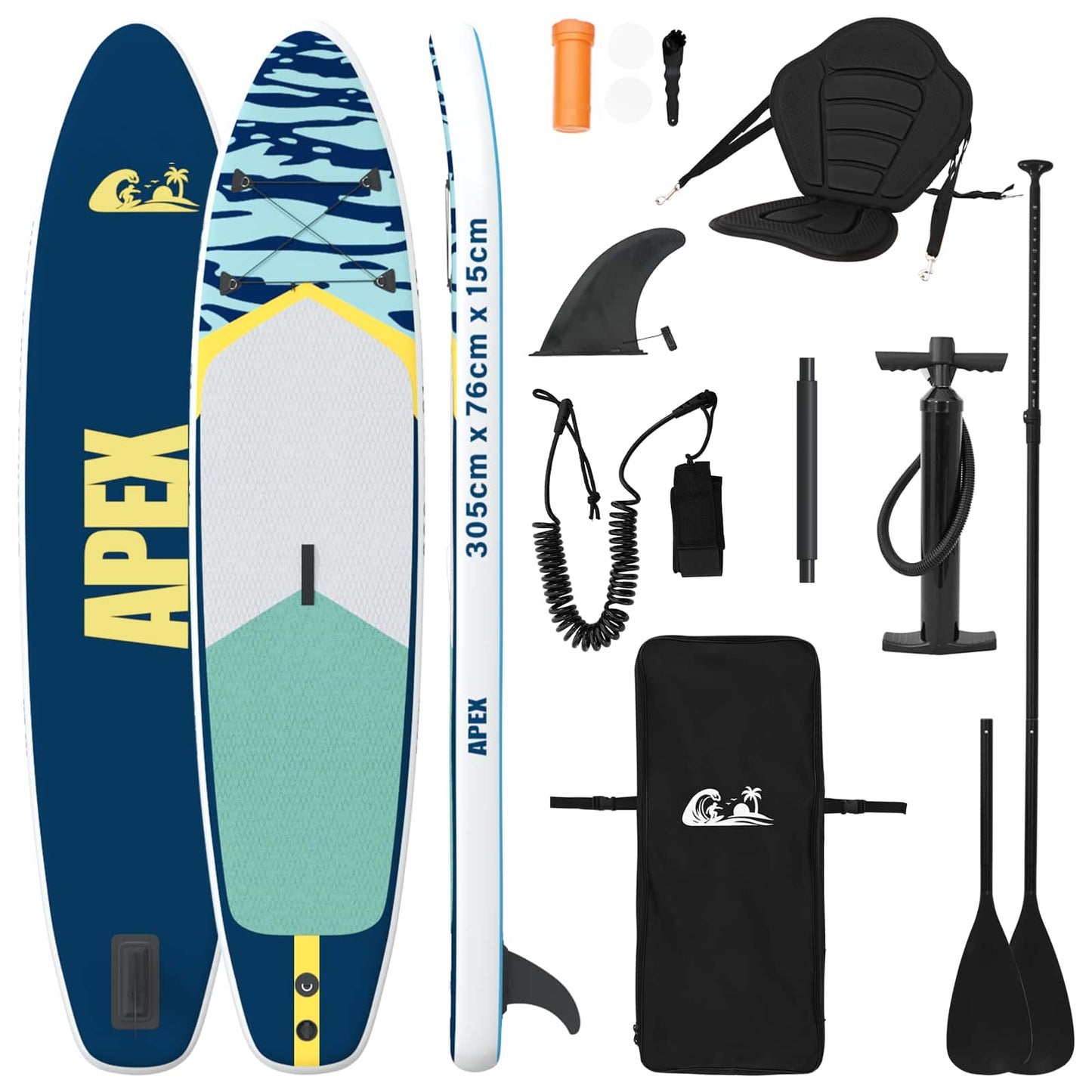 vidaXL SUP Board με κάθισμα 2 σε 1 APEX 305 x 76 x 15 cm Μπλε