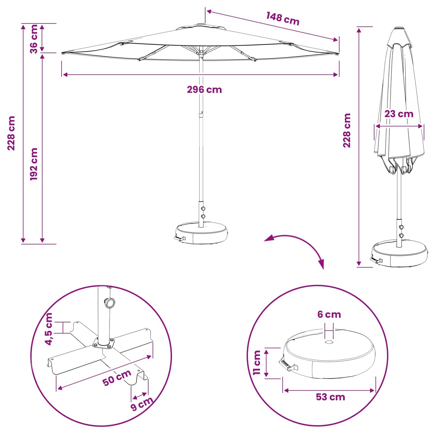 vidaXL Ομπρέλα Κήπου με Βάση 300 x 300 cm Πολυεστέρας Ορθογώνιος Μαύρο