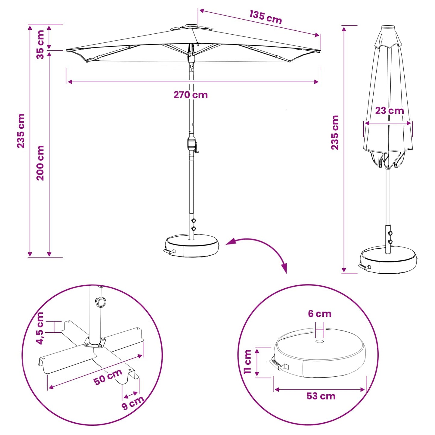 vidaXL Ομπρέλα Κήπου με LED Φώτα και Βάση 270 x 270 εκ Πολυεστέρας