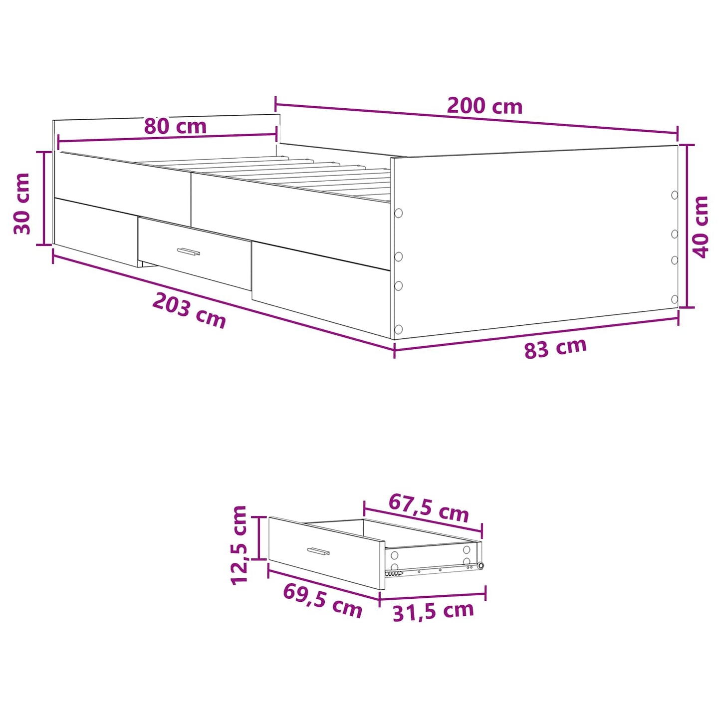 vidaXL Σκελετός κρεβατιού με αποθήκευση Γκρι Sonoma 80 x 200 cm