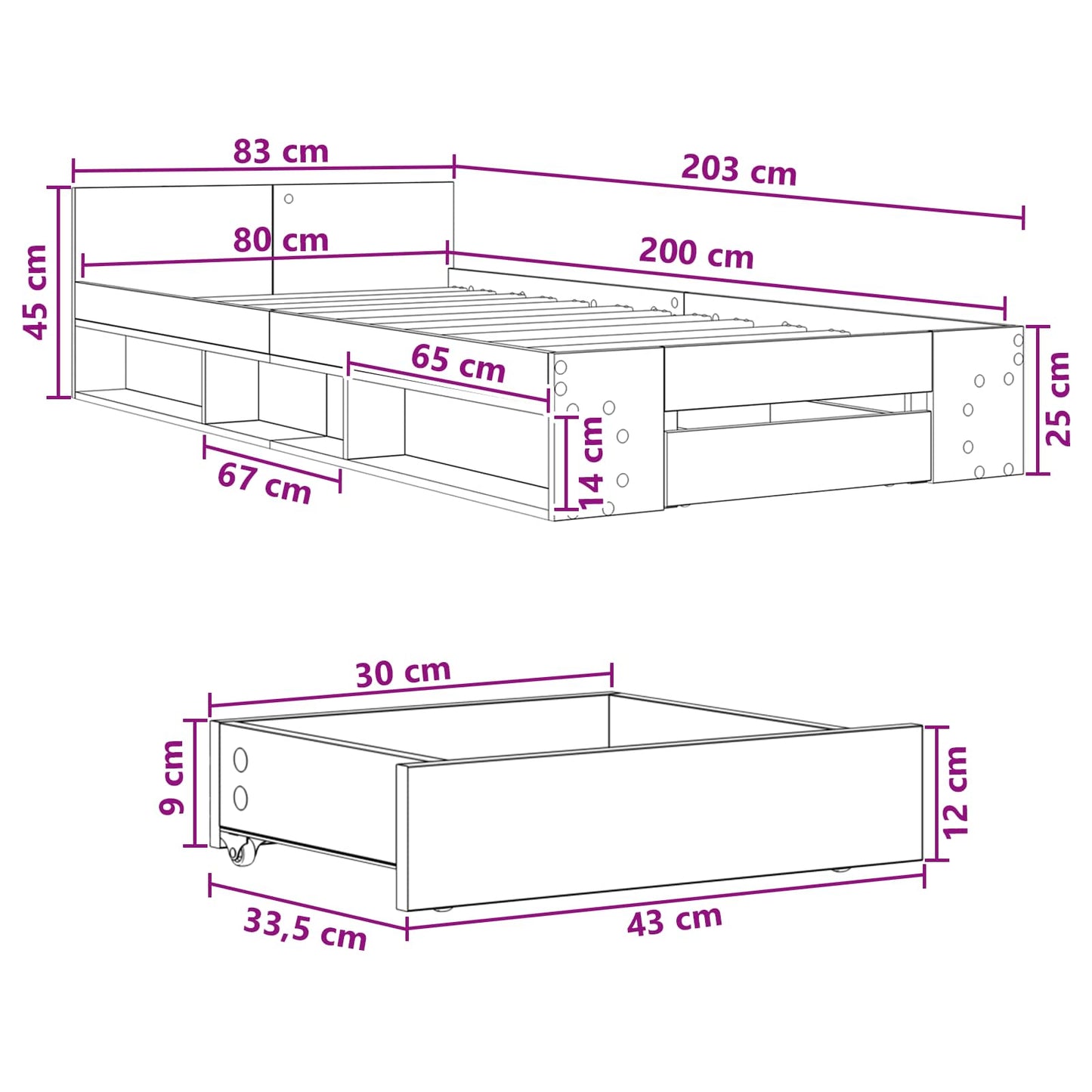 vidaXL Σκελετός κρεβατιού με αποθήκευση Sonoma Δρυς 80 x 200 cm