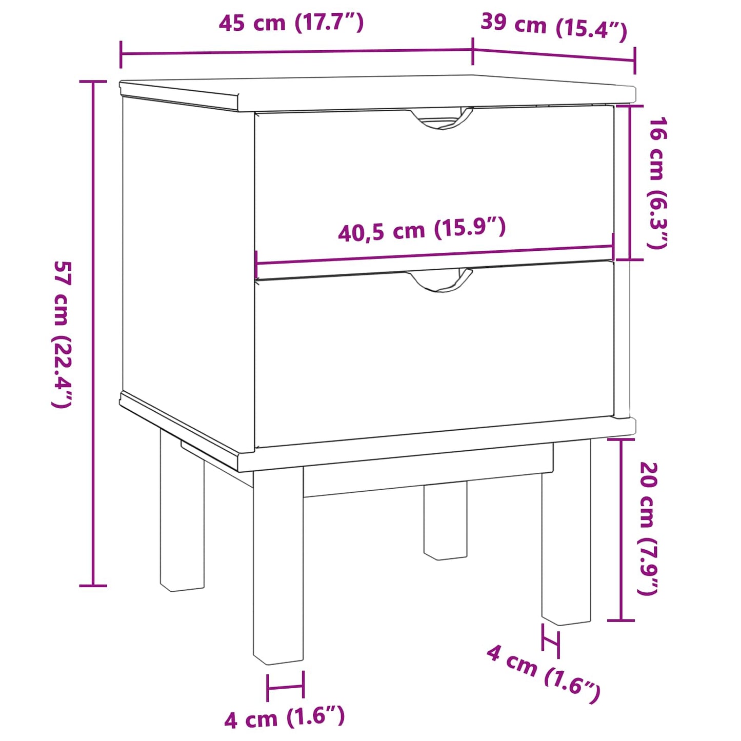 vidaXL Κομοδίνο OTTA Μαύρο 45 x 39 x 57 εκ Μασίφ Ξύλο Πεύκου