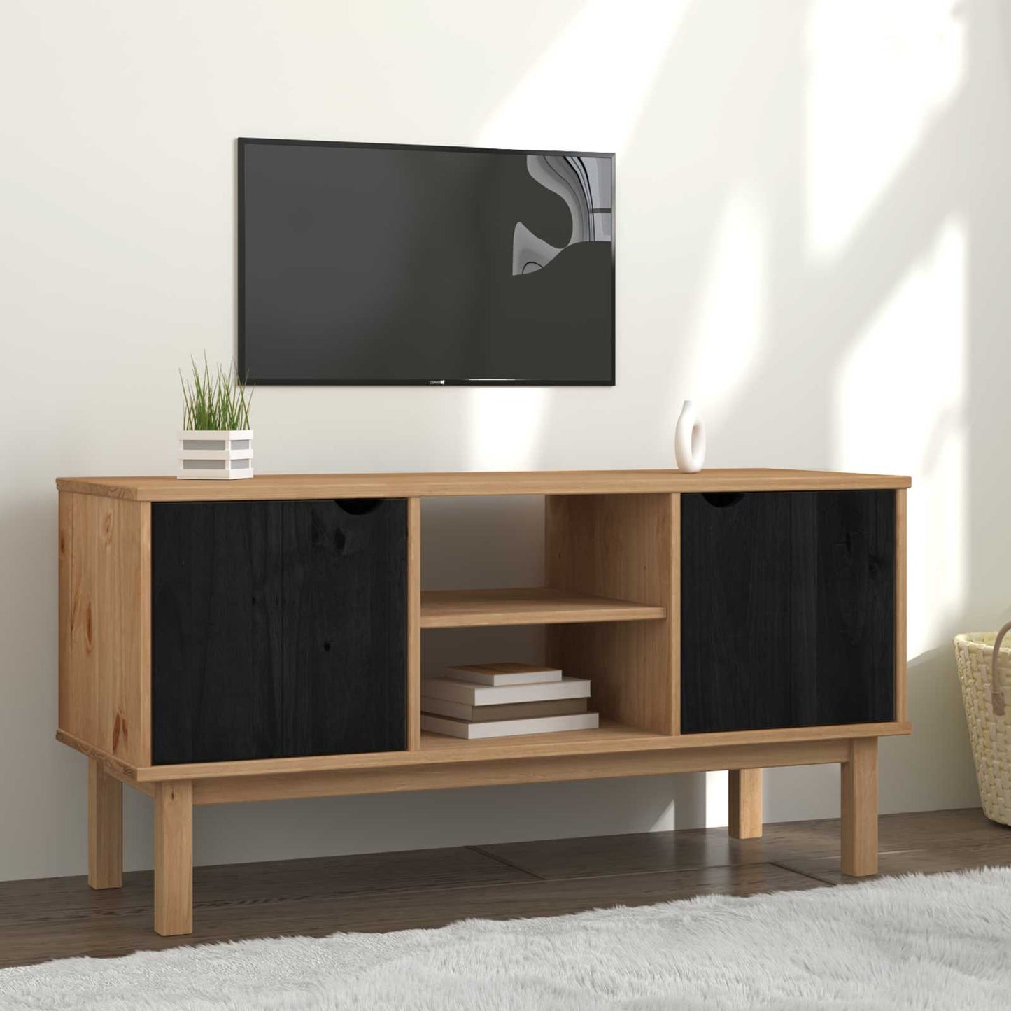 vidaXL Βάση TV OTTA 113,5 x 43 x 57 εκ Μαύρο Μασίφ Ξύλο Πεύκου