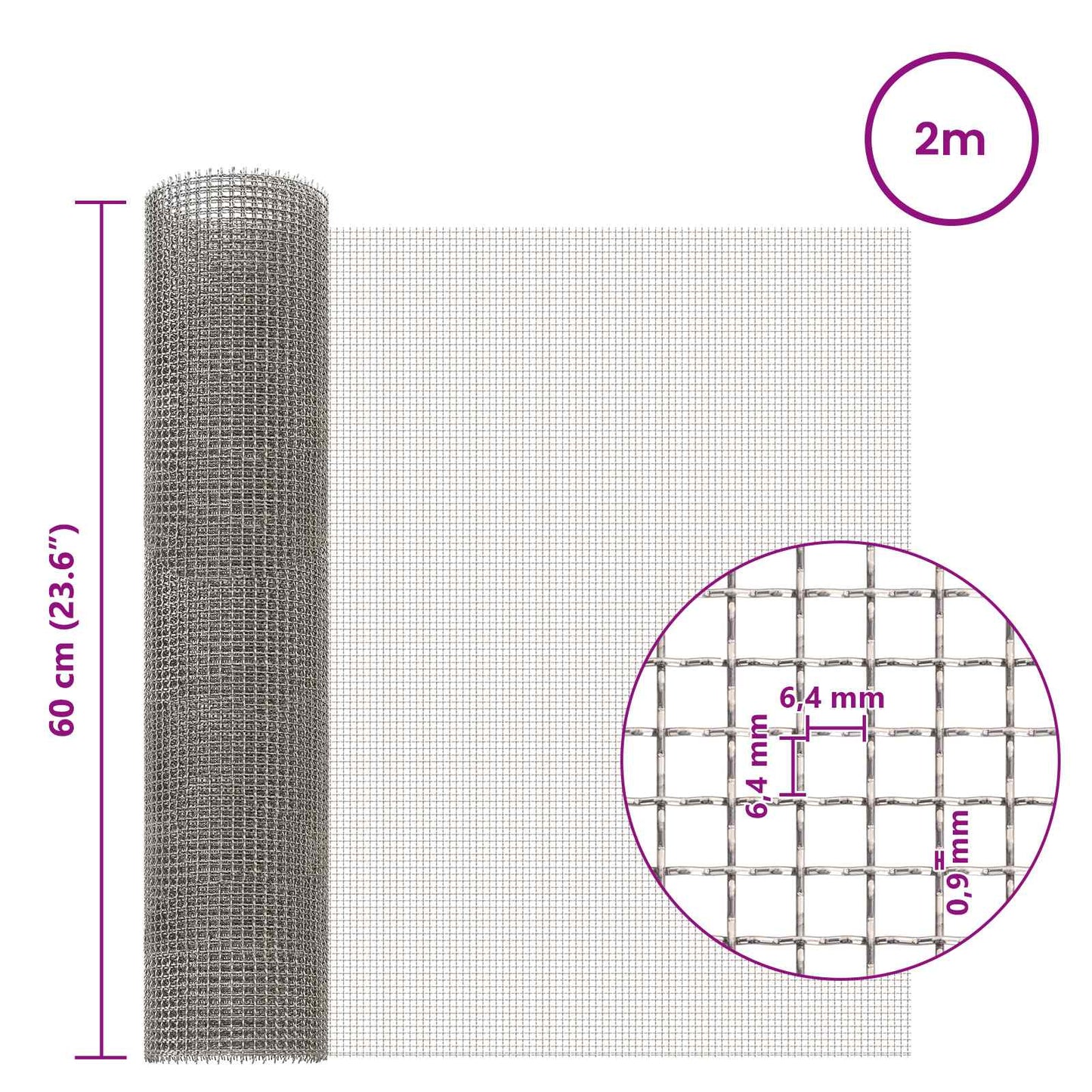 vidaXL Πλέγμα Οθόνης 60 x 200 cm 3 Mesh Ανοξείδωτο Ατσάλι 201 Ασημί