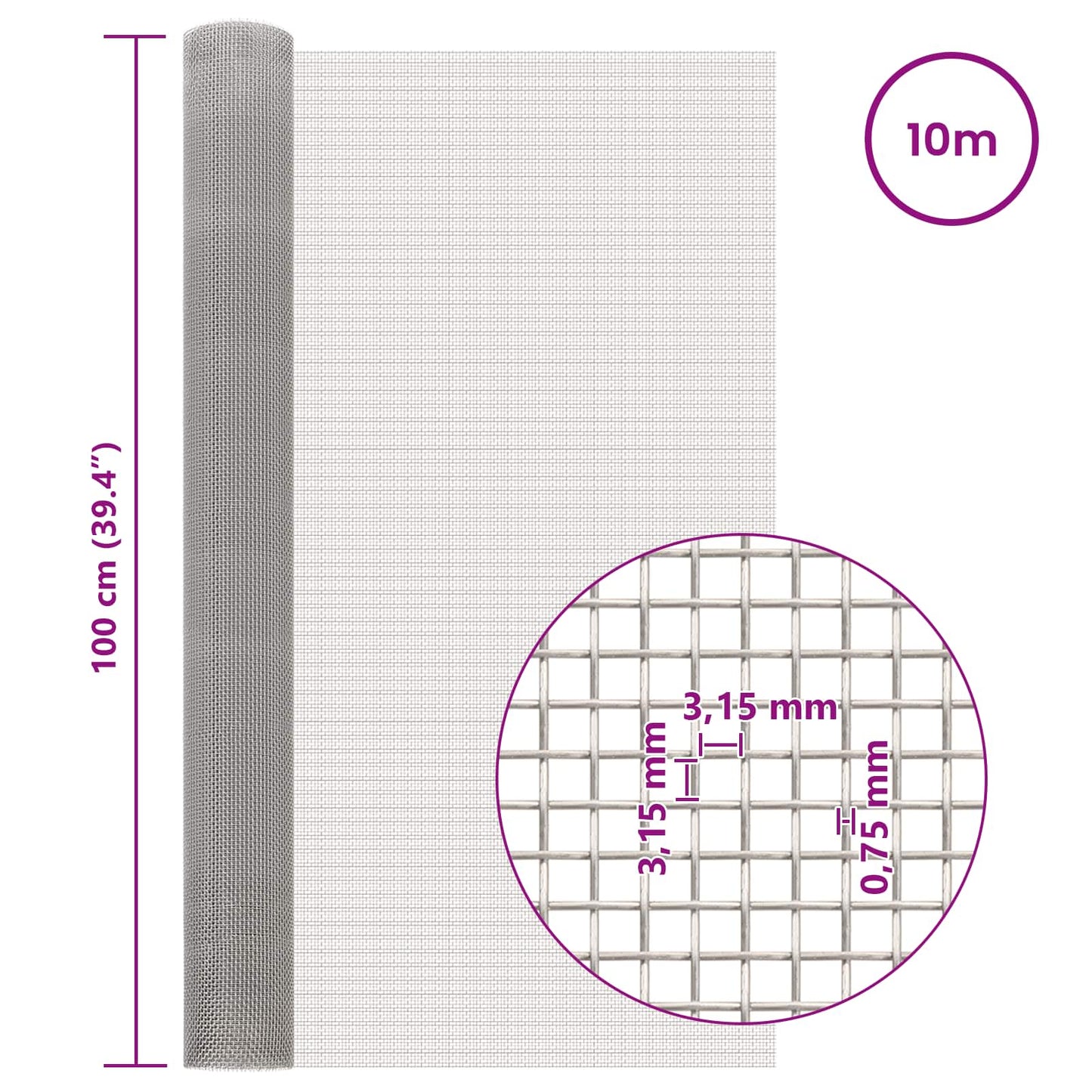 vidaXL Πλέγμα Οθόνης 100 x 1000 cm 6 Mesh Ανοξείδωτο Ατσάλι 201 Ασημί