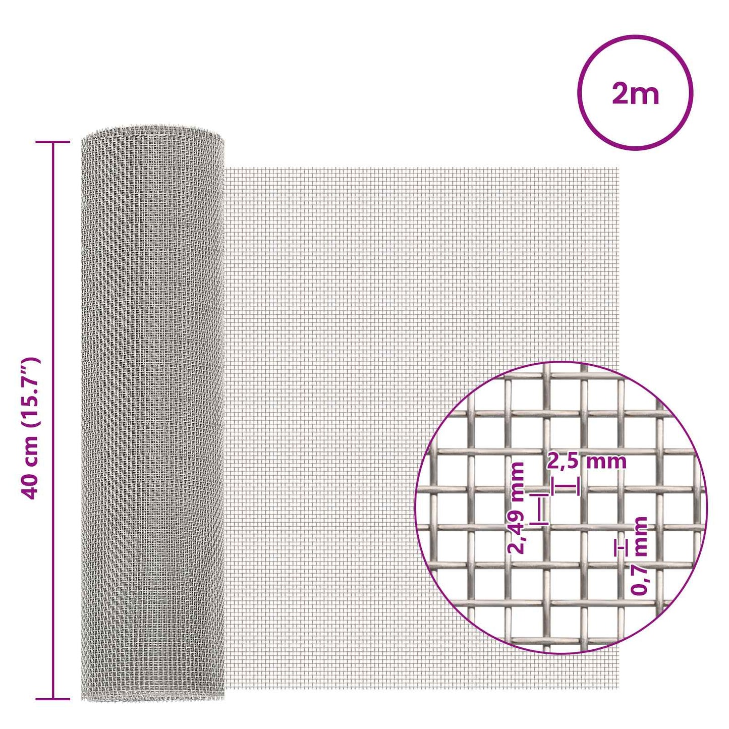 vidaXL Πλέγμα Οθόνης 40 x 200 cm 8 Mesh Ανοξείδωτο Ατσάλι 201 Ασημί