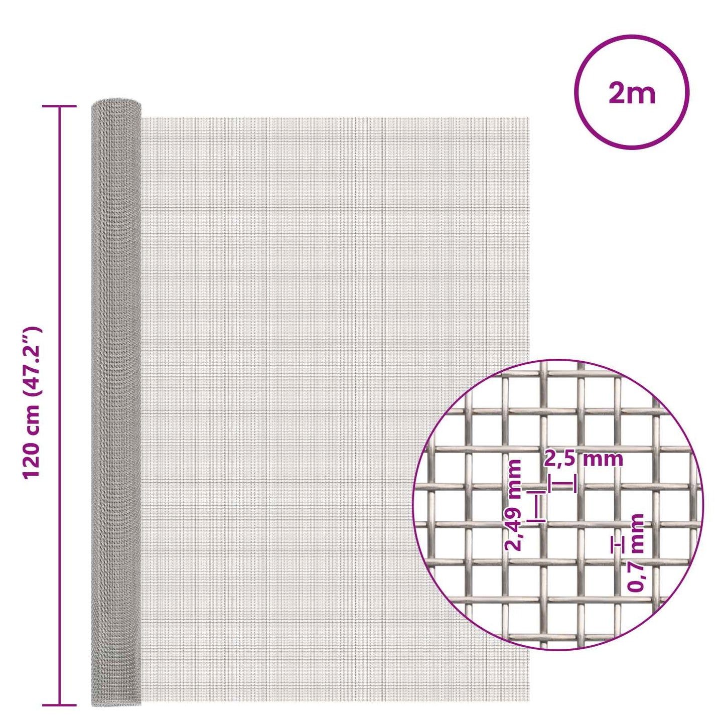 vidaXL Πλέγμα Οθόνης 120 x 200 cm 8 Mesh Ανοξείδωτο Ατσάλι 201 Ασημί