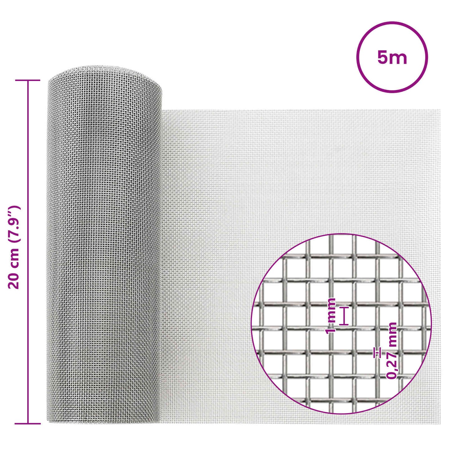 vidaXL Πλέγμα Οθόνης 20 x 500 εκ 20 Mesh Ανοξείδωτο Ατσάλι 201 Ασημί
