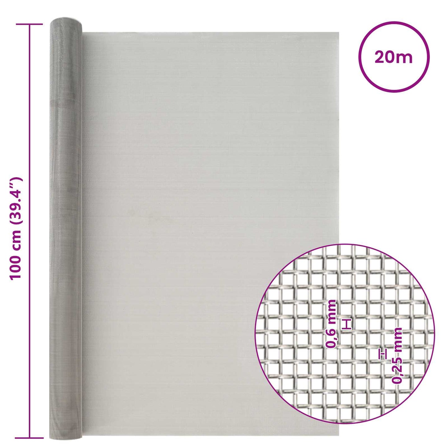 vidaXL Πλέγμα Οθόνης 100 x 2000 cm 30 Mesh Ανοξείδωτο Ατσάλι 201 Ασημί