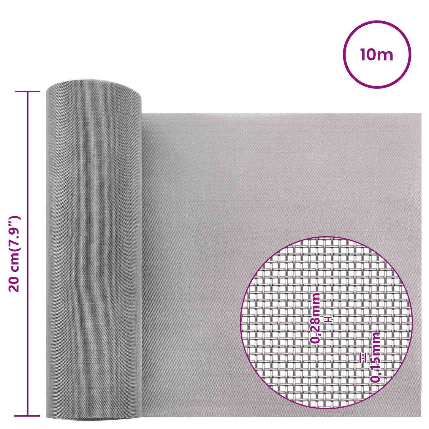 vidaXL Πλέγμα Οθόνης 20 x 1000 εκ. 60 Mesh Ανοξείδωτο Ατσάλι 201 Ασημί