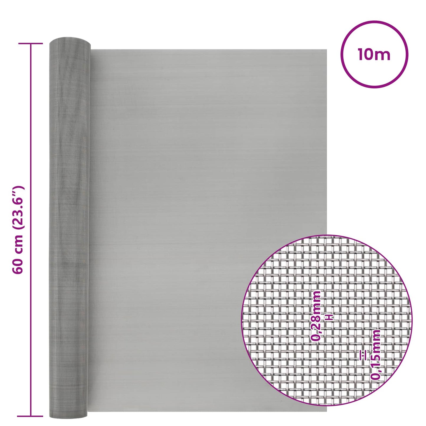 vidaXL Πλέγμα Οθόνης 60 x 1000 cm 60 Mesh Ανοξείδωτο Ατσάλι 201 Ασημί