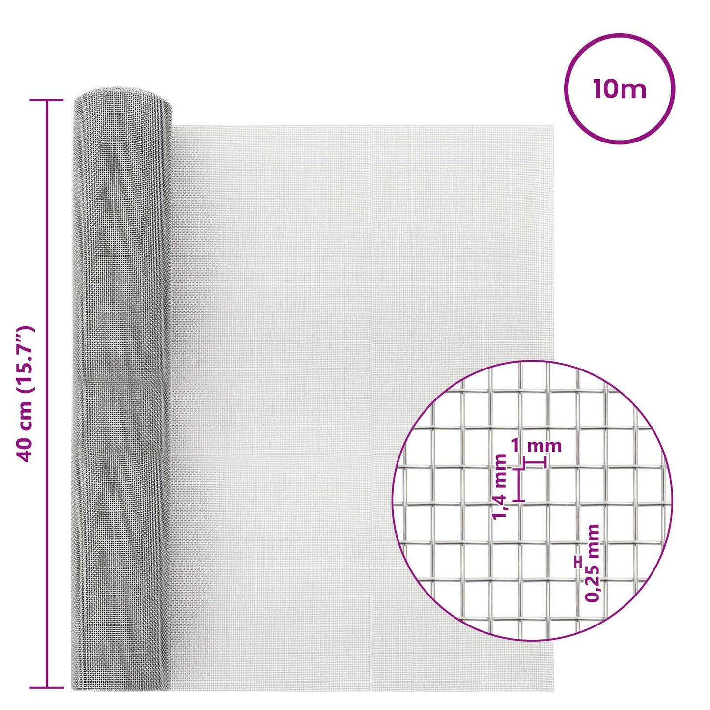 vidaXL Πλέγμα Οθόνης 40 x 1000 εκ 18 mesh Ανοξείδωτο Ατσάλι 304 Ασημί