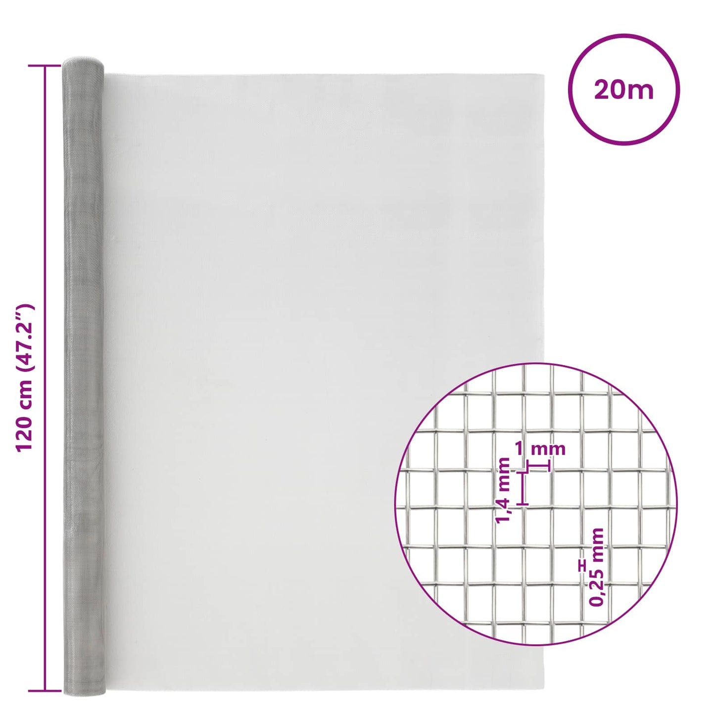 vidaXL Πλέγμα Οθόνης 120 x 2000 εκ 18 mesh Ανοξείδωτο Ατσάλι 304 Ασημί