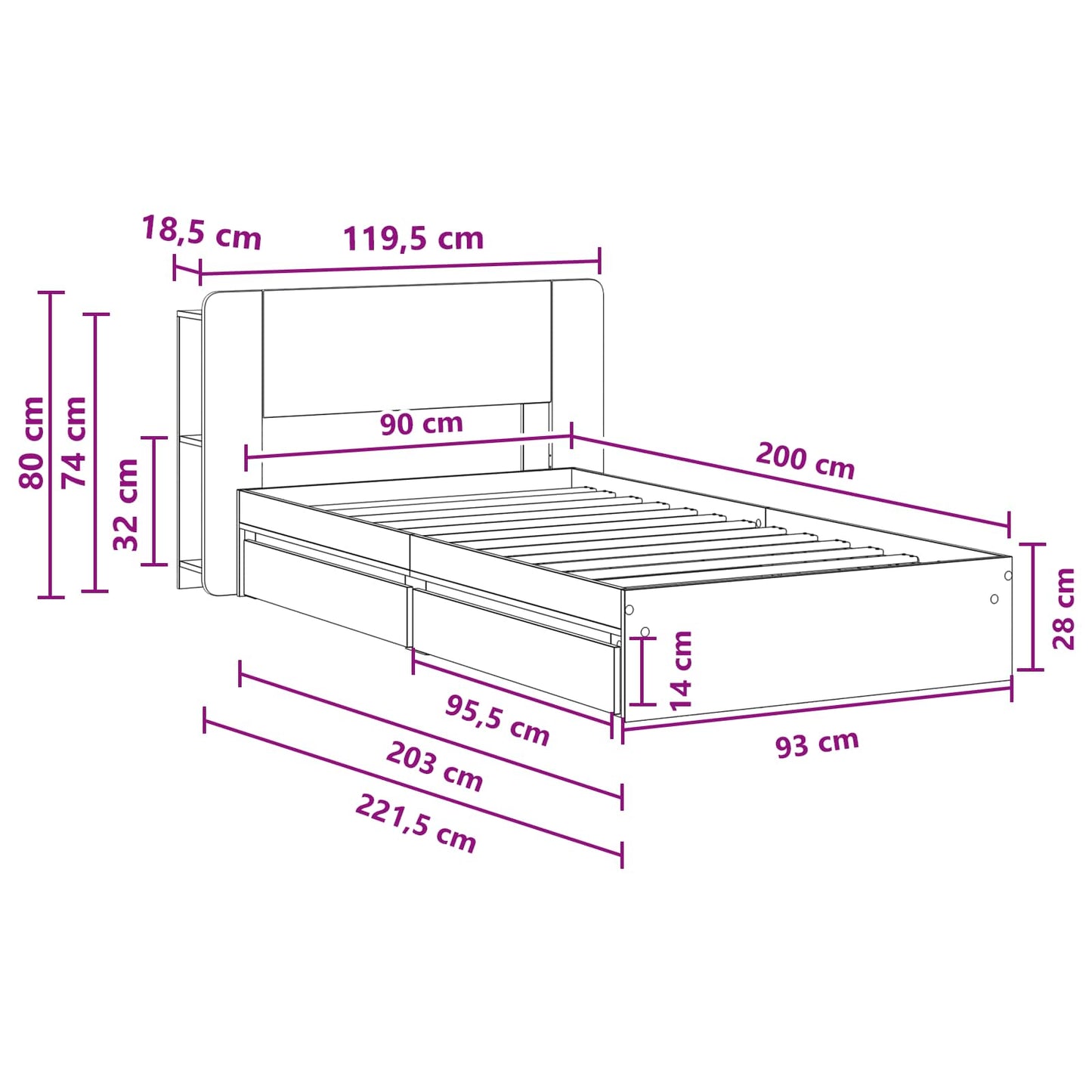 vidaXL Σκελετός κρεβατιού με αποθήκευση Sonoma Δρυς 90 x 200 cm