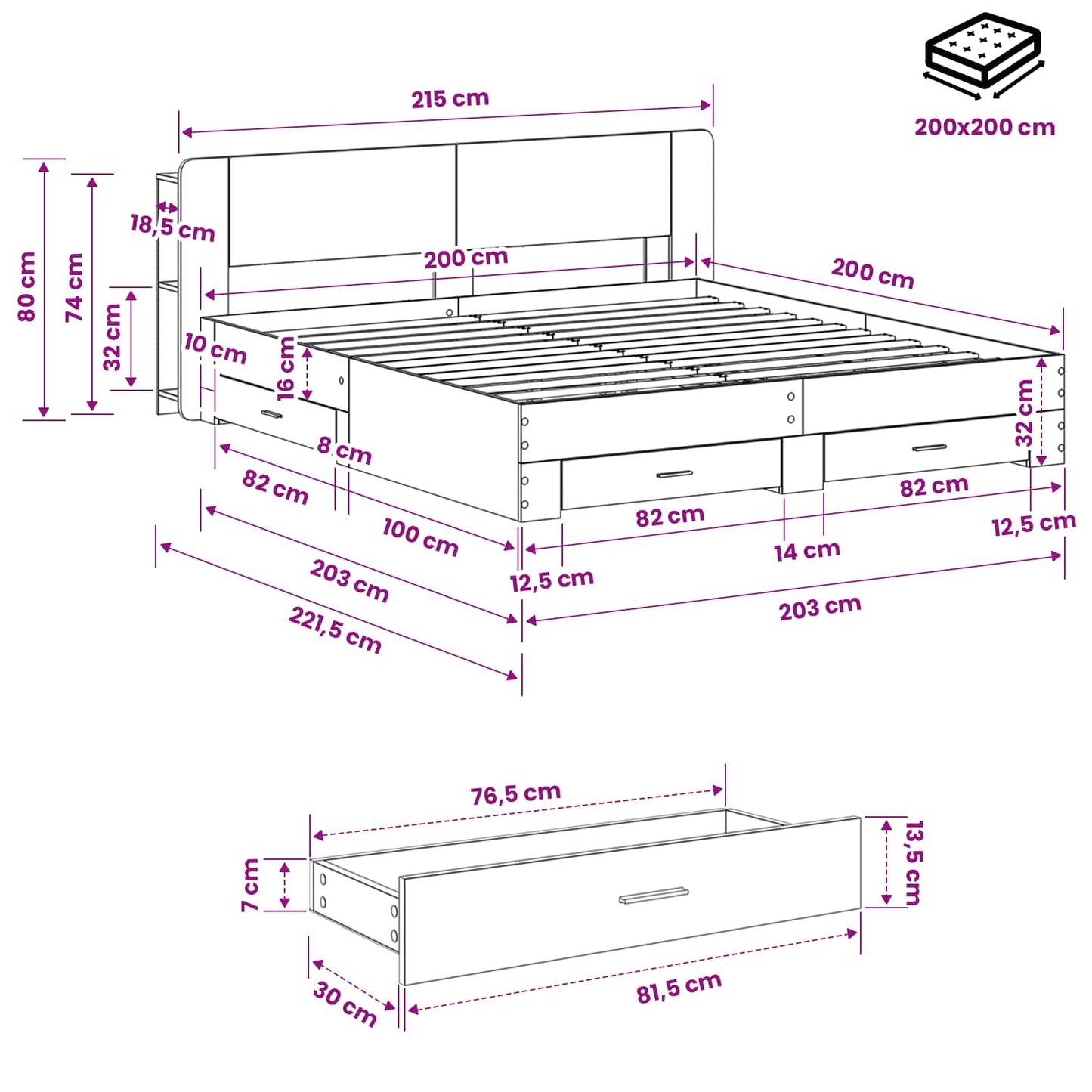 vidaXL Σκελετός κρεβατιού με αποθήκευση Γκρι Sonoma 200 x 200 cm