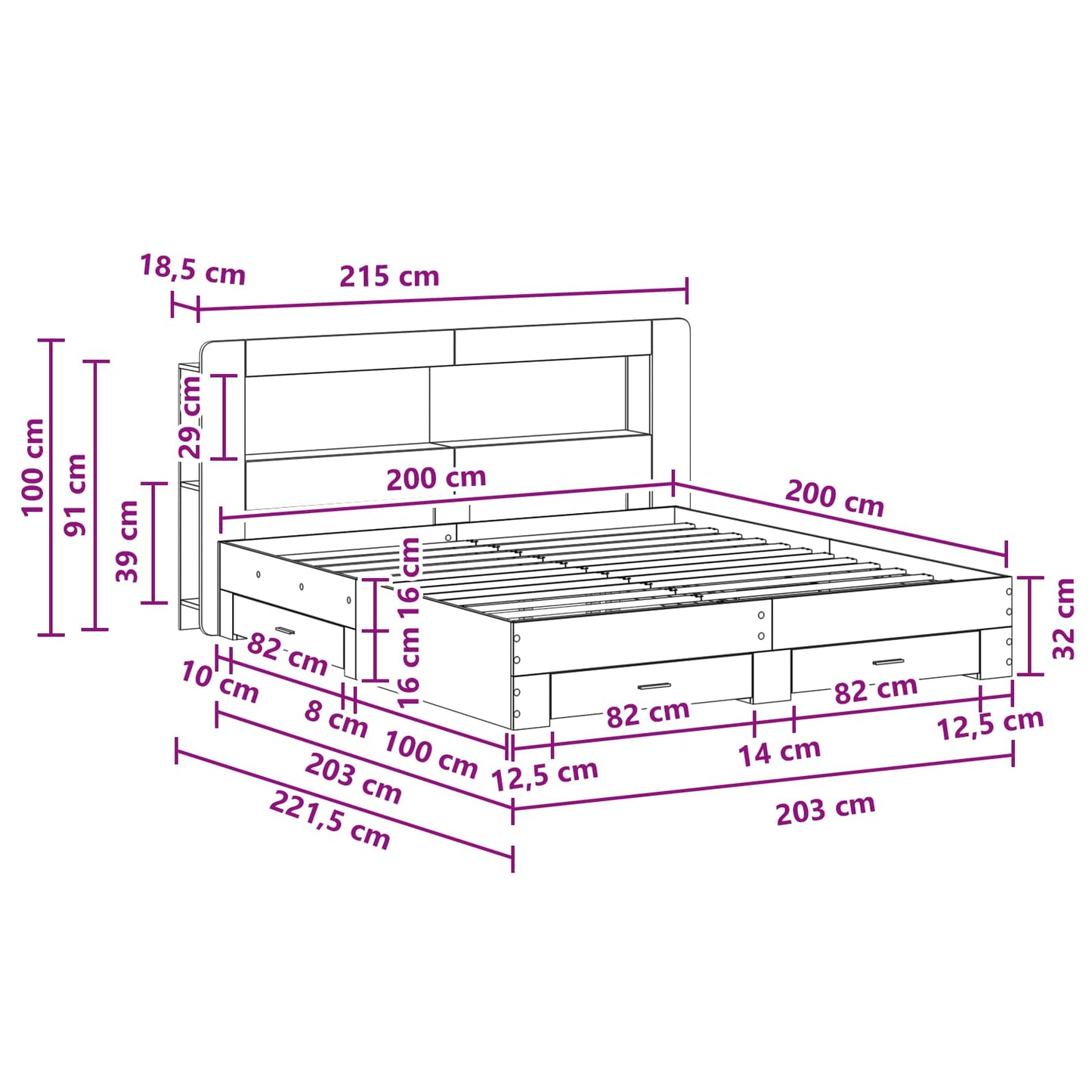 vidaXL Σκελετός κρεβατιού με αποθήκευση Γκρι Sonoma 200 x 200 cm