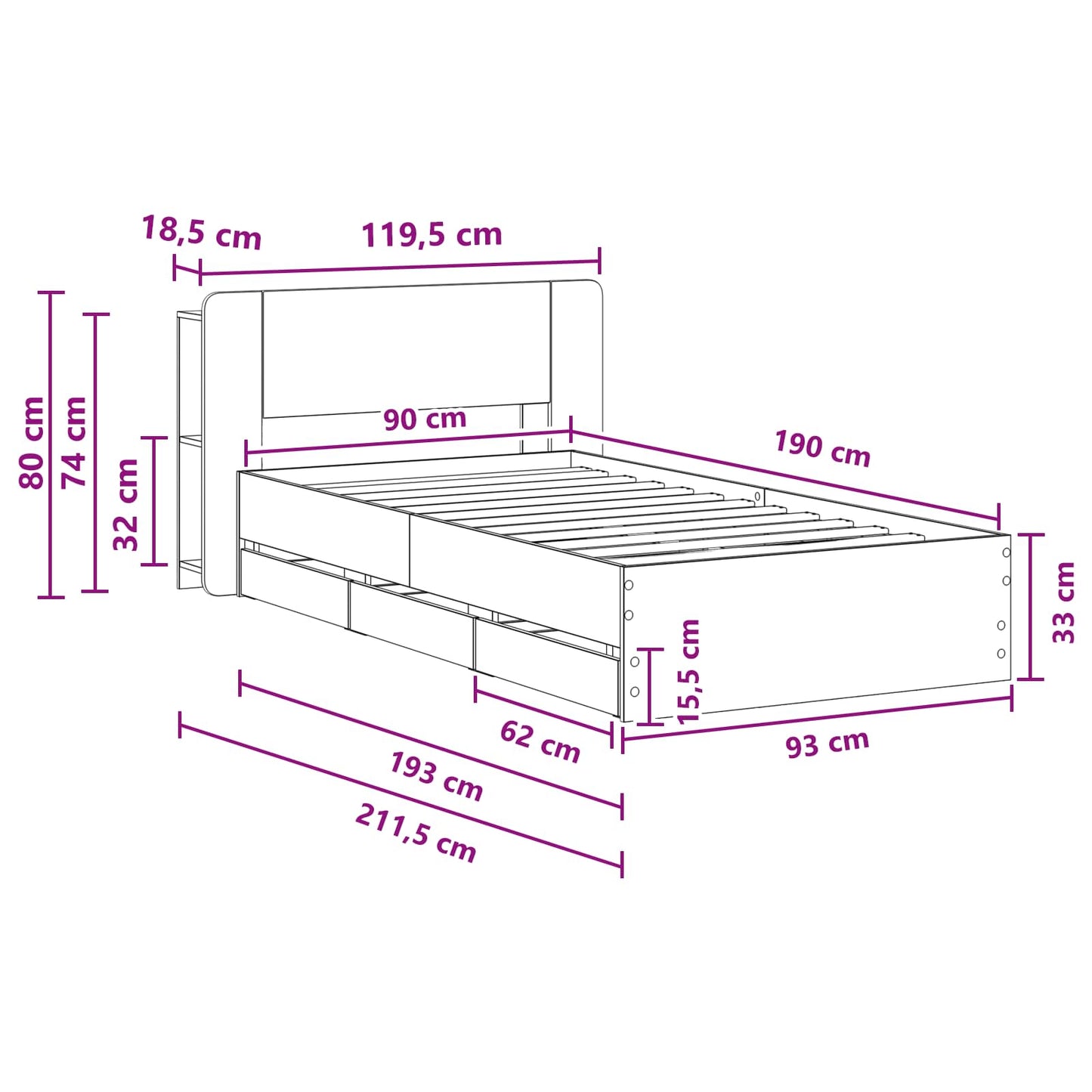 vidaXL Σκελετός κρεβατιού με αποθήκευση Γκρι Sonoma 90 x 190 cm