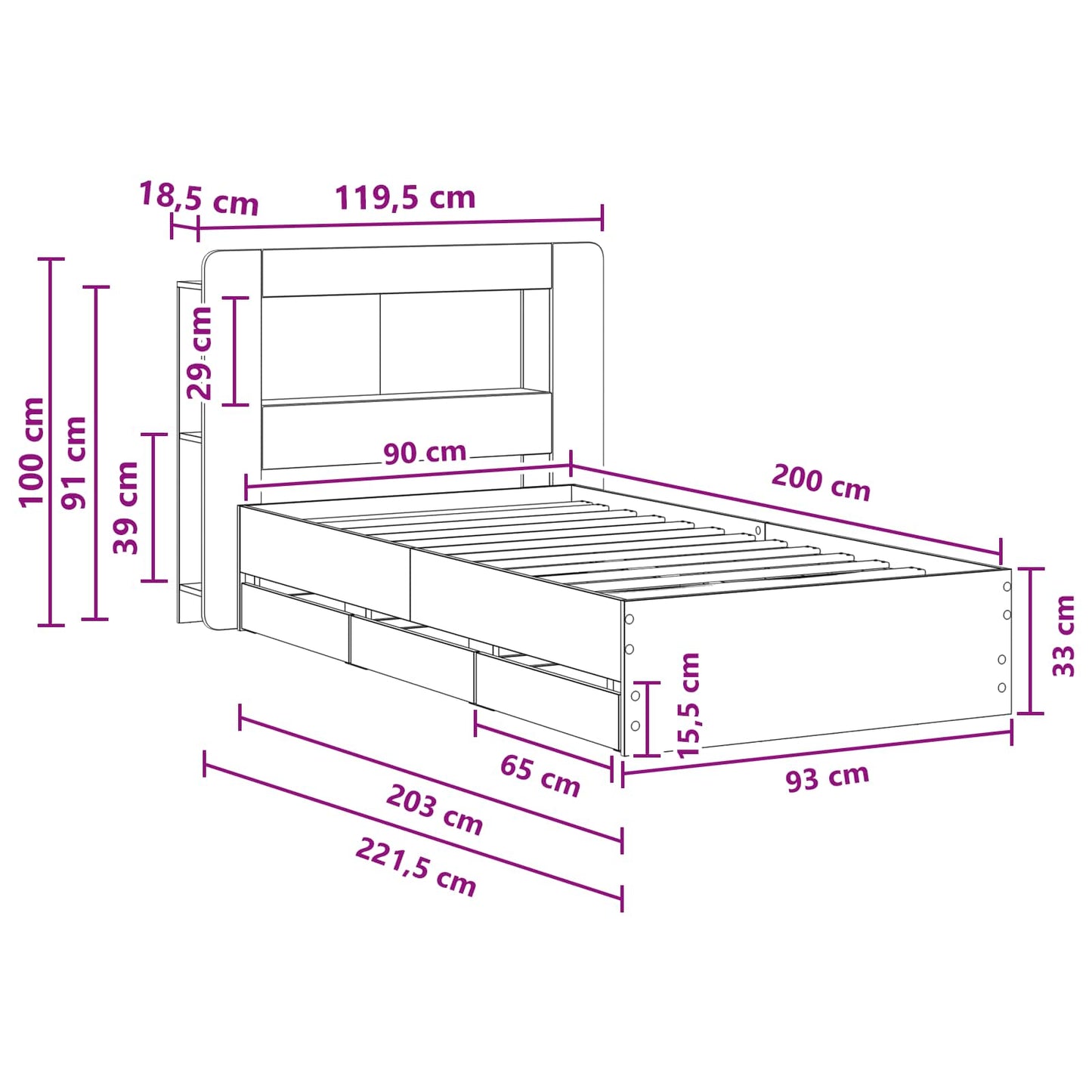 vidaXL Σκελετός κρεβατιού με αποθήκευση Γκρι Sonoma 90 x 200 cm
