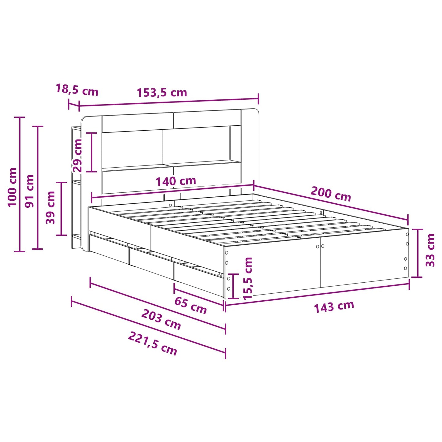 vidaXL Σκελετός κρεβατιού με αποθήκευση Γκρι Sonoma 140 x 200 cm