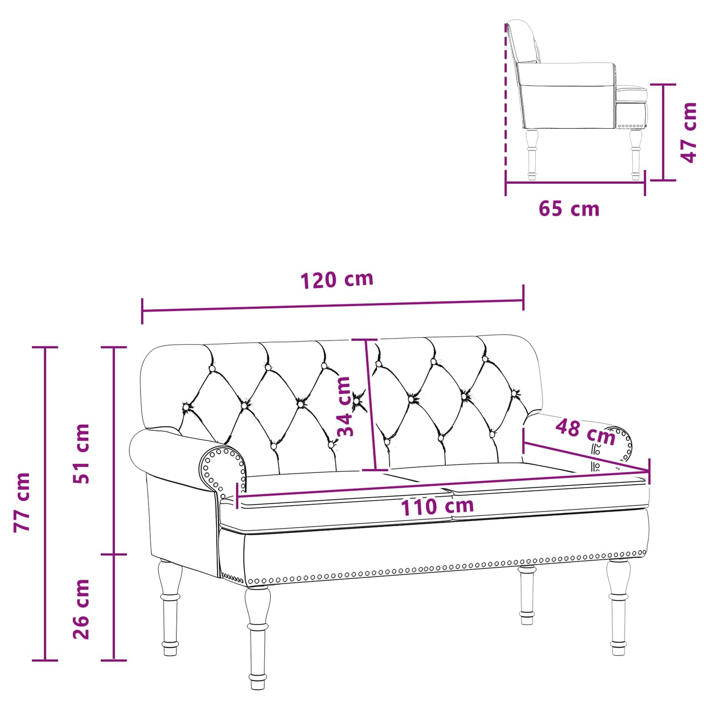 vidaXL Love seat με κουμπιά Μαύρο 120 x 65 x 77 εκ Τεχνητό Δέρμα