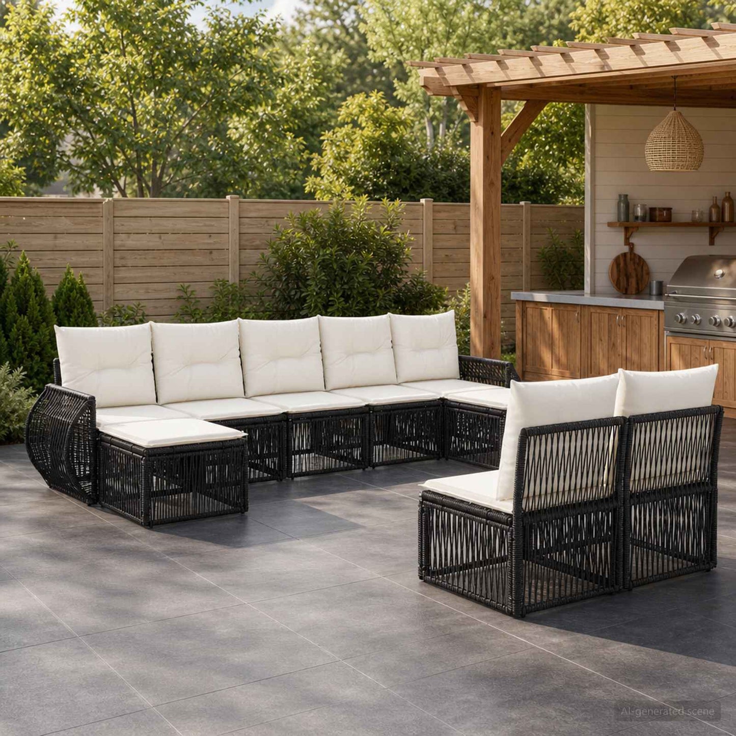 vidaXL Σετ Καναπέ Κήπου 9 pcs Μαύρο και Κρεμ Λευκό συνθετικό ρατάν
