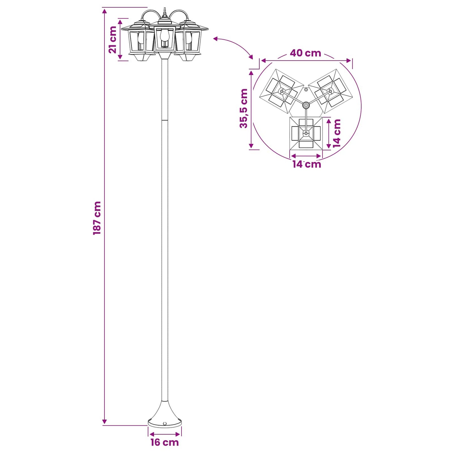 vidaXL Φανάρι 3-κεφαλών Μαύρο 16 x 16 x 187 cm Αλουμίνιο και ABS