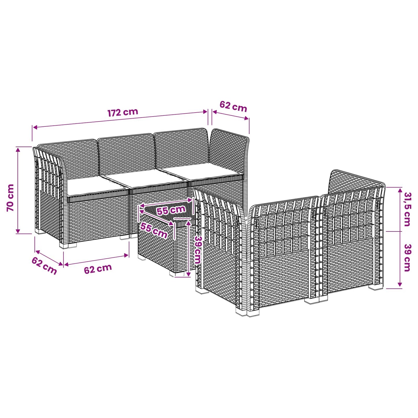 vidaXL Σαφά Κήπου 5 Θέσεων με Μαξιλάρια Ράιταν PP Λευκό